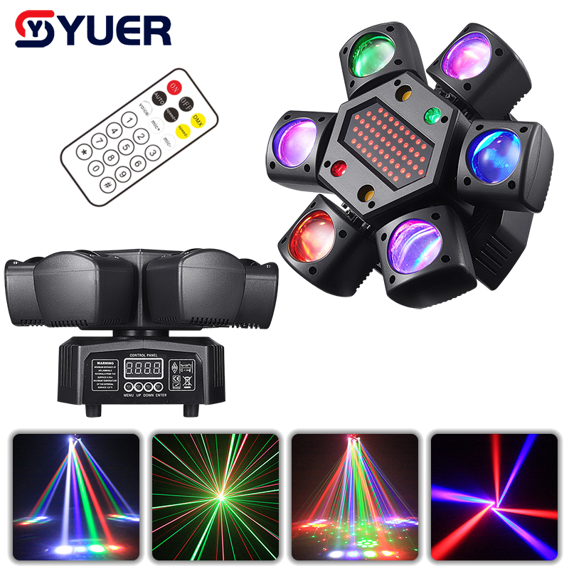 YUER™️12X3W Beam LED+3X3W Spot LED RGBW 4IN1 6 Head Moving Head Light With RG Laser +Strobe Effect Remote Control DMX Stage Lighting for Disco Music Bar Party