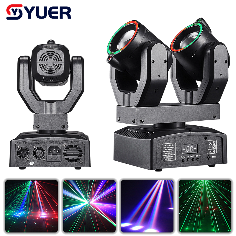YUER™️ NOUVEAU Lyre à double tête 6X10W RGBW 4en1 avec anneau LED 2 lasers rouges 50mw + 2 lasers verts 50mw Effet DMX512 pour DJ Discothèque Fête Éclairage Scène Effet Veilleuse Club Bar