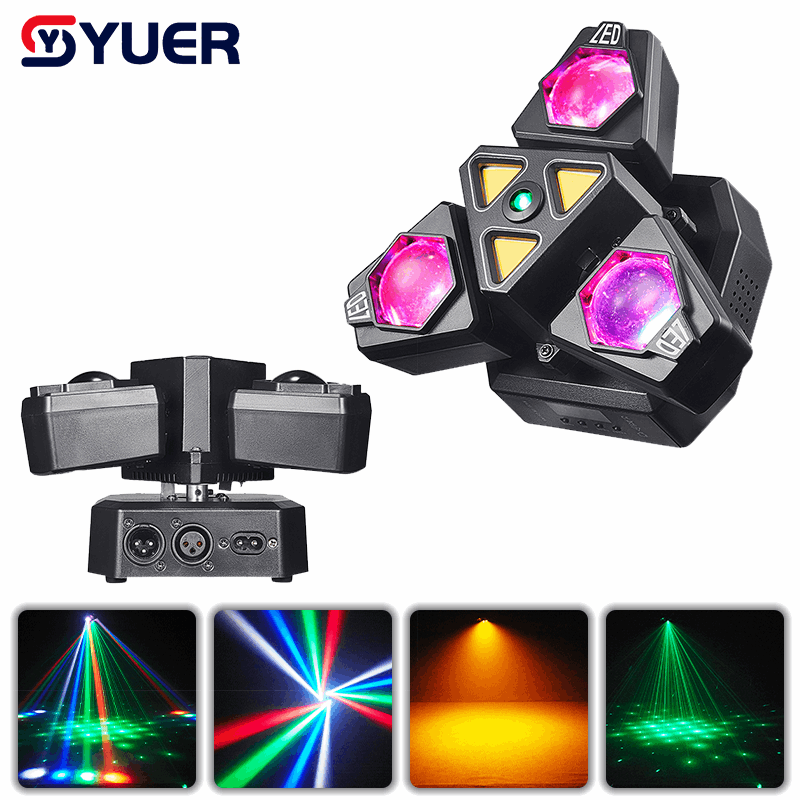 YUER™ 3x3W Red +3x3W Green +3x3W Blue +3x3W White +3x10W Golden Strobe +Green Laser Dynamic 3-Arm Light Beam Laser Strobe Effect DMX512 For DJ Disco Party Bar Club Wedding Stage Lighting