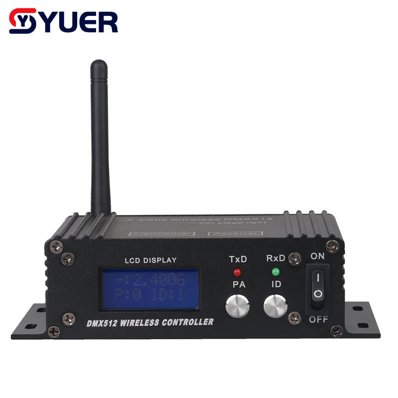 YUER™️ Transmisor receptor inalámbrico 2.4G DMX 512 con pantalla LCD y potencia ajustable para luces de cabeza móvil de discoteca y DJ