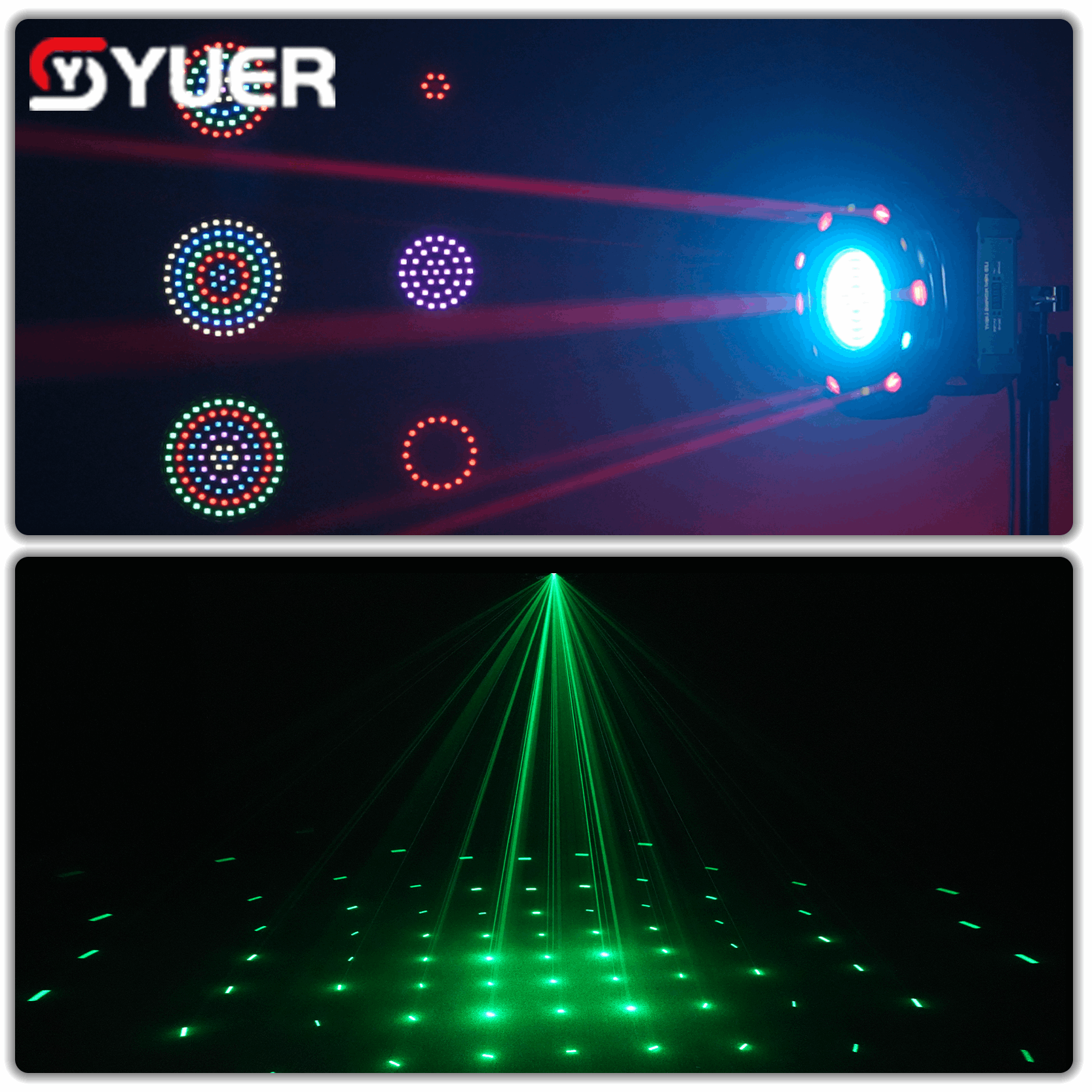 YUER™ 6x500mw R Laser 91 magic Strobe Battle Shadow Six Arm Laser Moving Head Effect Light With Iridescent Light Strips White/Gold Strobe RG Laser Wash Effect DMX512 Sound Control For DJ Disco Bar KTV