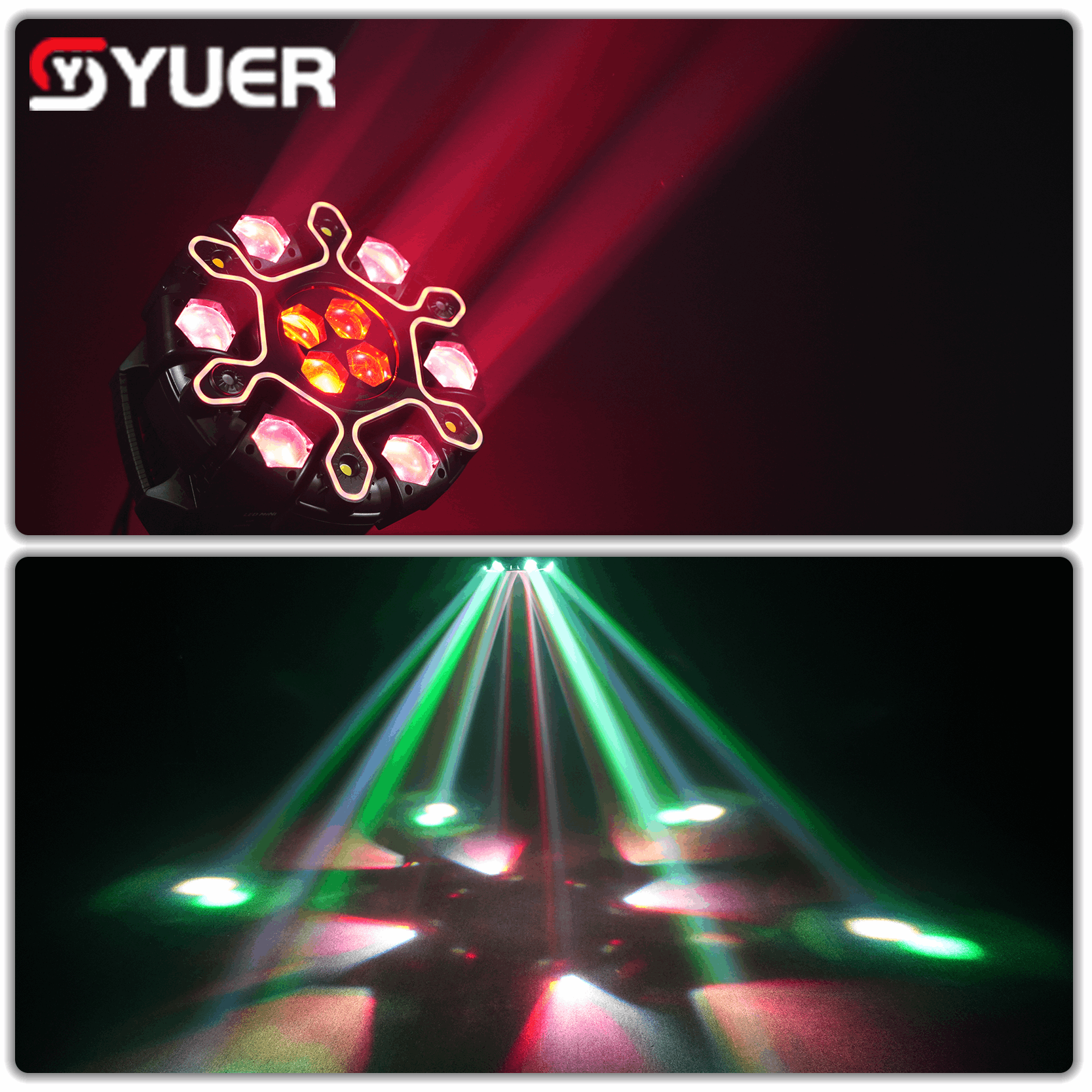 YUER™ 10x10w RGBW Beam 6-Arm Super Bee Eye Donkey Kong Moving Head Effect Light With Iridescent Light Strips White/Gold Strobe RG Laser Effect DMX512 Sound Control For DJ Disco Bar KTV