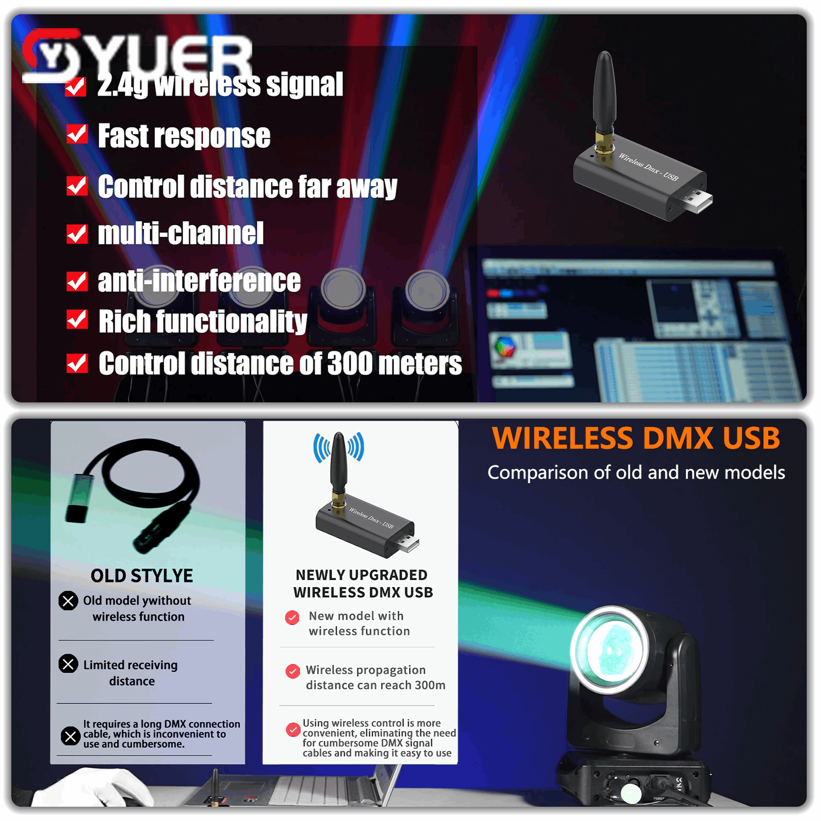 YUER™ USB Interface Wireless DMX Transmitter Includes Freestyler Software For Any Model DMX512 Stage Lighting Par Light Moving Head Light Beam Light