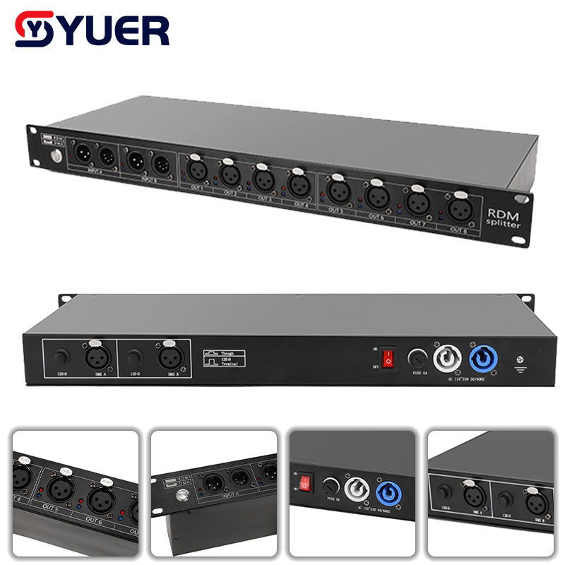 YUER™️ Lumière de Scène DJ Distribution RDM Contrôleur DMX 8 Voies Code d'Adresse Réglable Équipement en Ligne Amplificateur de Signal Optique Répartiteur