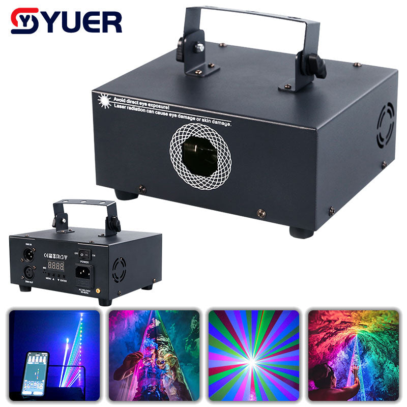 YUER™️ NUEVO Láser RGB de 2W con Edición por App para Teléfono, Escáner de Animación DMX, Proyector de Iluminación para Navidad, Discoteca, DJ, Club, Fiesta, Espectáculo, Luces de Escenario