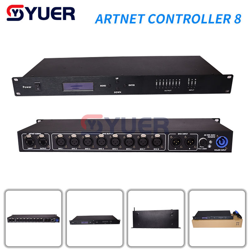 YUER™️ Artnet Dmx Control Convertidor de señal de 8 puertos Salida 4096 canales Dj Disco Party Controlador de iluminación de escenario 