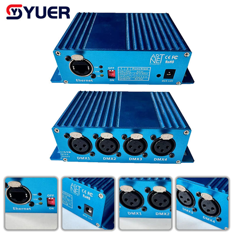 YUER™️ ArtNet-DMX 4 convertidor bidireccional ArtNet DMX de cuatro vías 4 XLR hembra de 3 pines de entrada/salida de señal, cable Ethernet