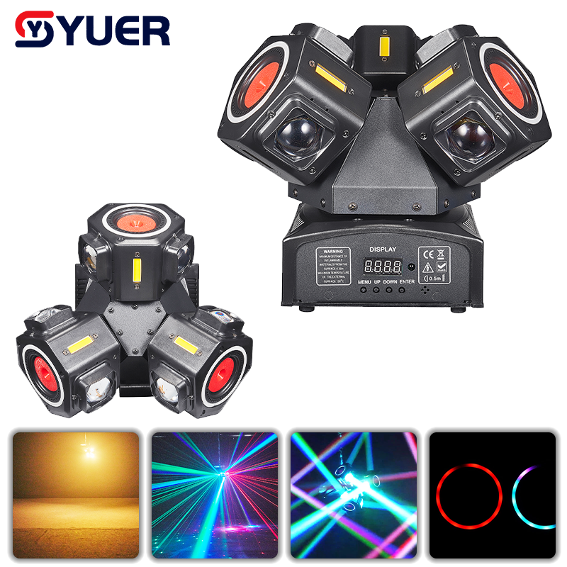YUER™ 9x10W RGBW 4in1 +9x10W Strobe +2 Red 1 Green Laser  3 Arm Moving Head Light With Ring Beam Laser Strobe Effect DMX512 Remote Control For DJ Disco Club Wedding Party Bar Stage Lighting